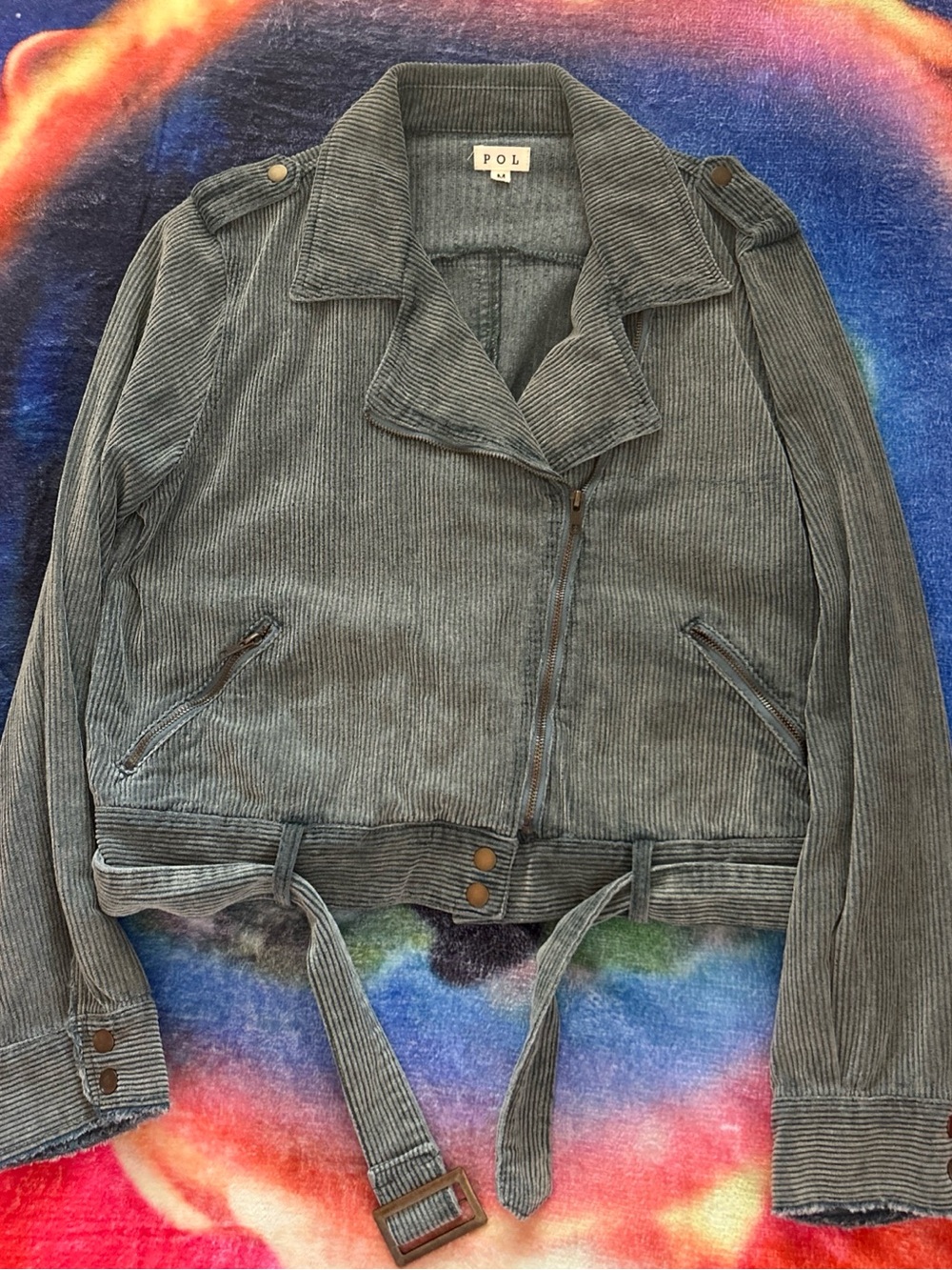 POL Corduroy Moto Jacket in Faded Gray-Green